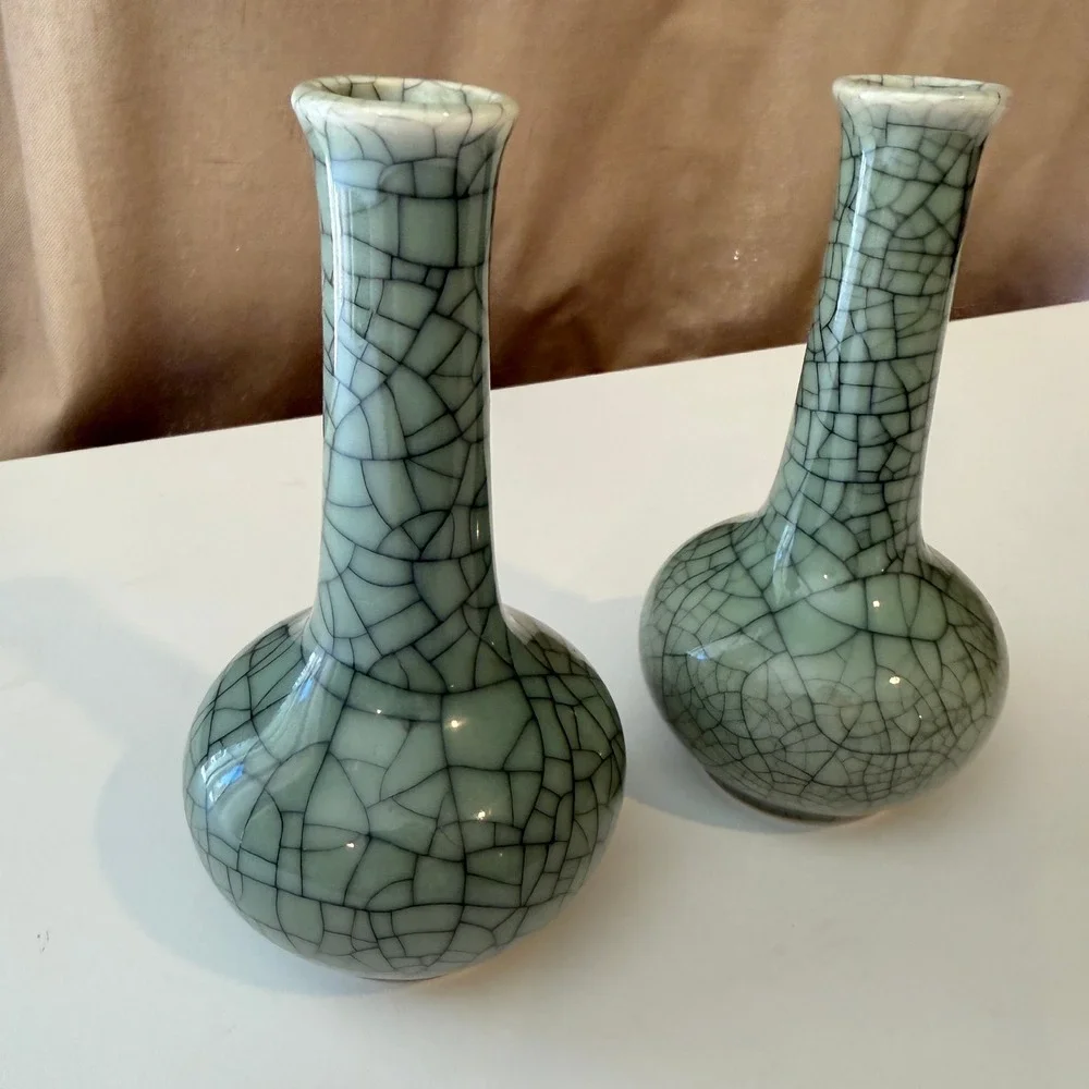Antique Chineses Celadon Crackle Glaze Bud Vase Set of 2 Long Neck Ceramic